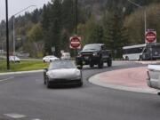 Traffic coming from state Highway 14 enters the roundabout at Northwest Sixth Avenue in Camas.