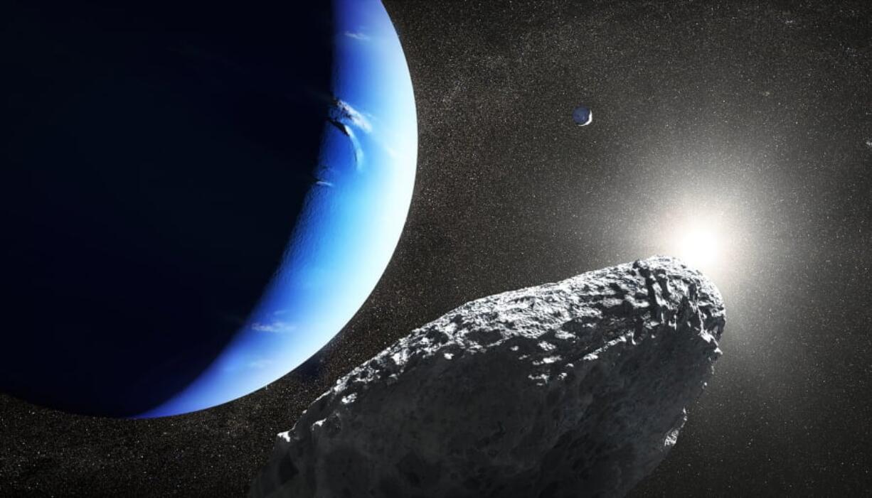 This is an artist’s concept of the tiny moon Hippocamp that was discovered by the Hubble Space Telescope in 2013. Only 20 miles across, it may actually be a broken-off fragment from a much larger neighboring moon, Proteus, seen as a smaller crescent in the upper right. This is the first evidence for a moon being an offshoot from a comet collision with a much-larger parent body.