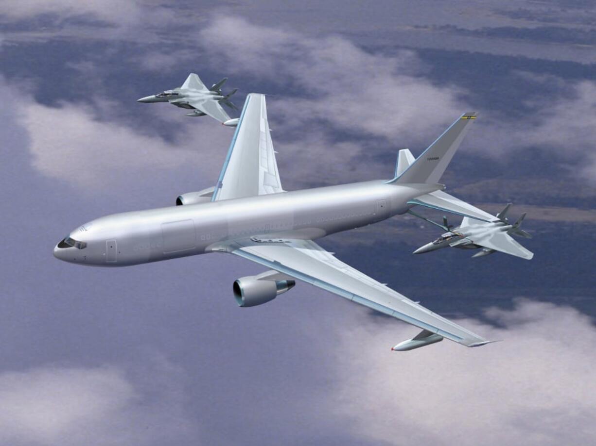 The Boeing 767 Tanker Transport is shown during refueling operations in this undated computer-generated drawing provided by the Boeing Co. Boeing was forced to ground its 767-based KC-46 tankers for the past week after the Air Force expressed concern about loose tools and bits of debris found in various locations inside the completed airplanes, according to internal company memos.