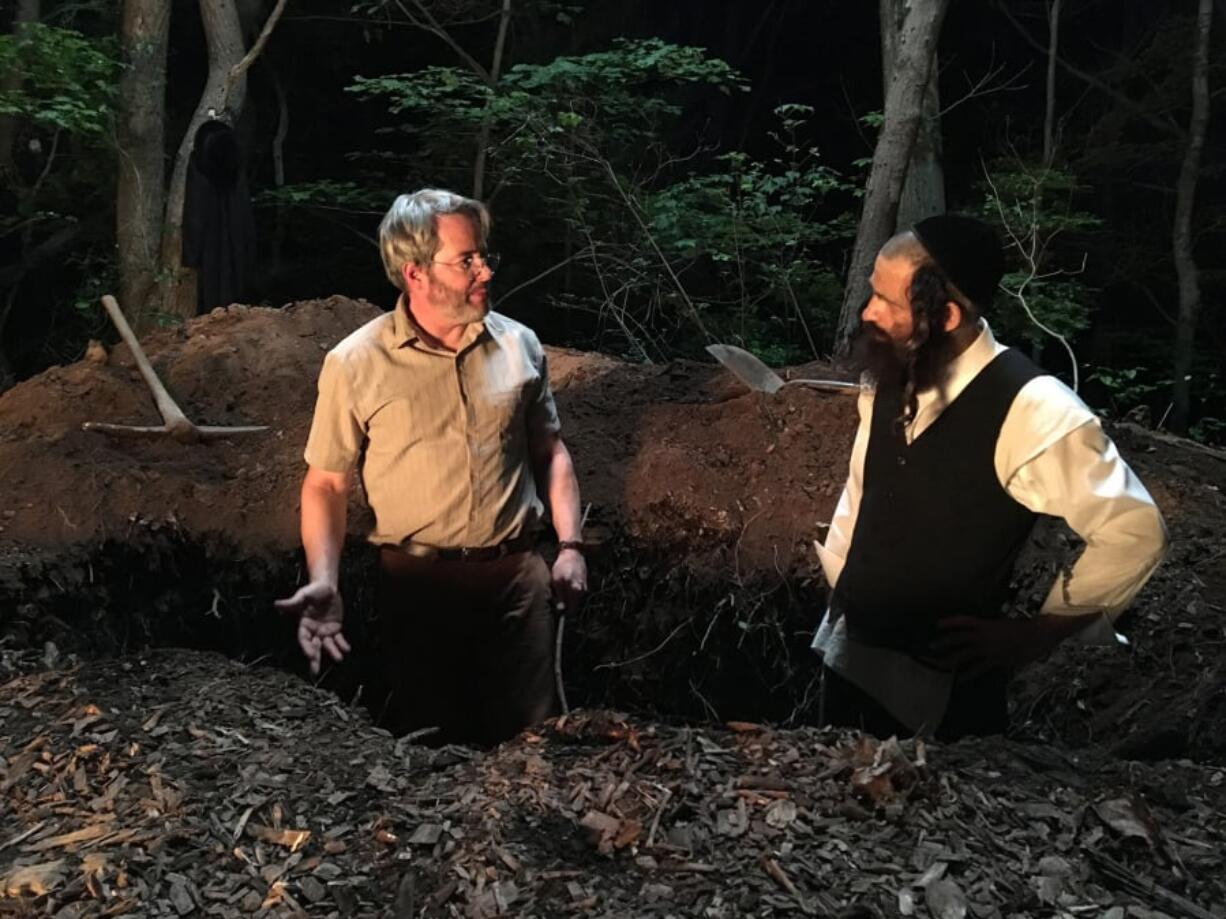 Matthew Broderick, left, and Géza Röhrig in “To Dust.” Good Deed Entertainment