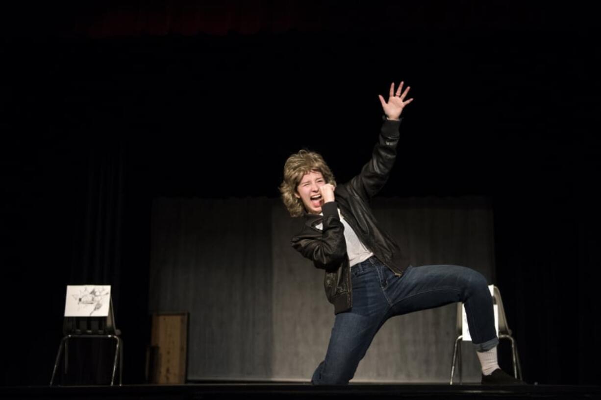 Senior Nyan Mertz sings “Take On Me,” by a-ha, during the Thursday night lip sync showcase at La Center High School.