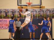 King's Way sophomore Bryce Dodge shoots a lay-up during a game against La Center at King's Way Christian School in Vancouver on Friday, February 1, 2019. King's Way beat La Center 67-65 in overtime.