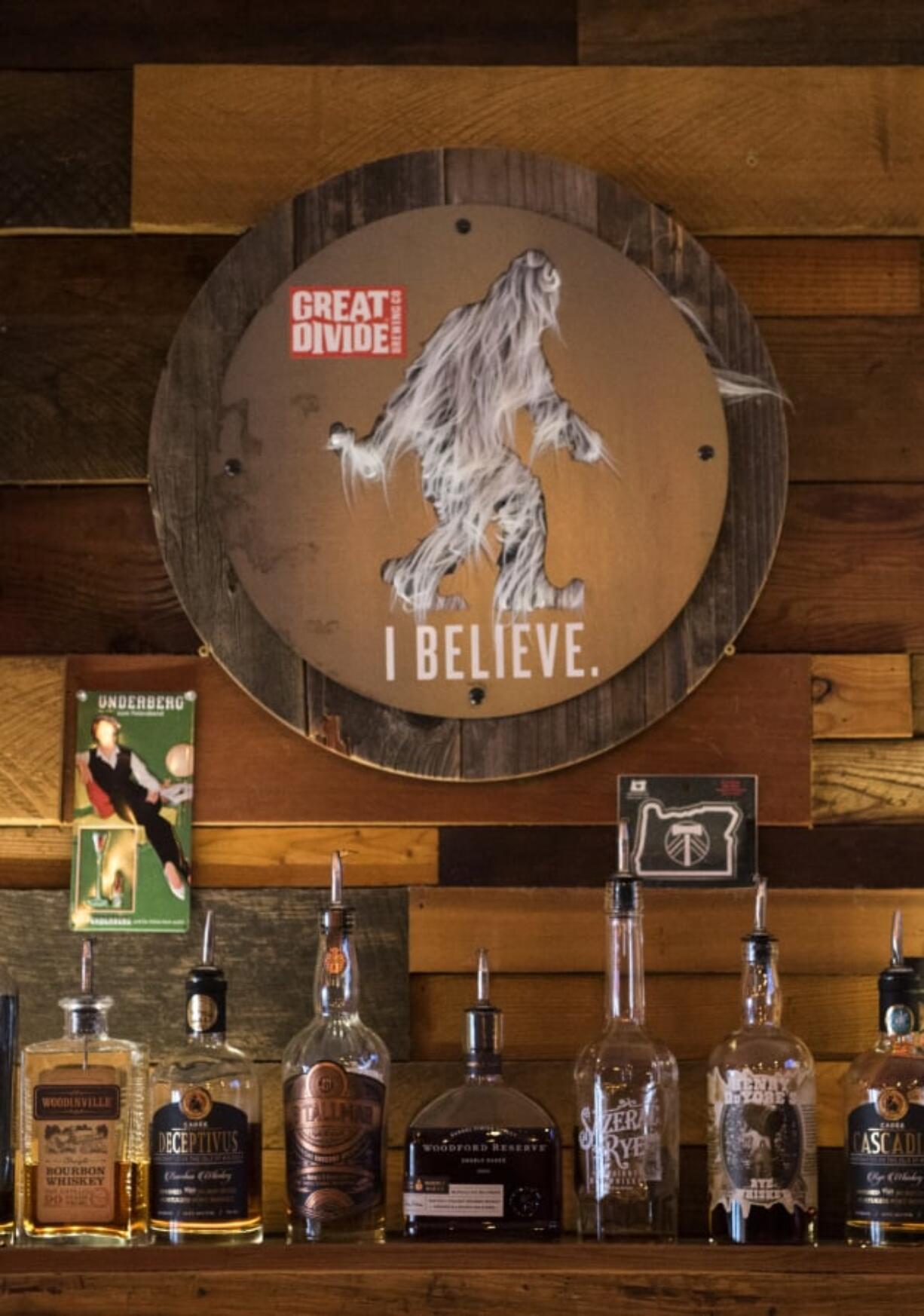 A sign from a recent partnership with Great Divide hangs on the wall at Thirsty Sasquatch in Vancouver on Tuesday.