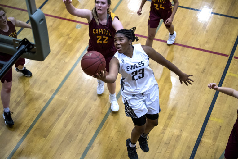 Hudson's Bay Aniyah Hampton completes a layup against Capitol during a game at Hudson's Bay High School on Thursday night, Feb. 7, 2019.