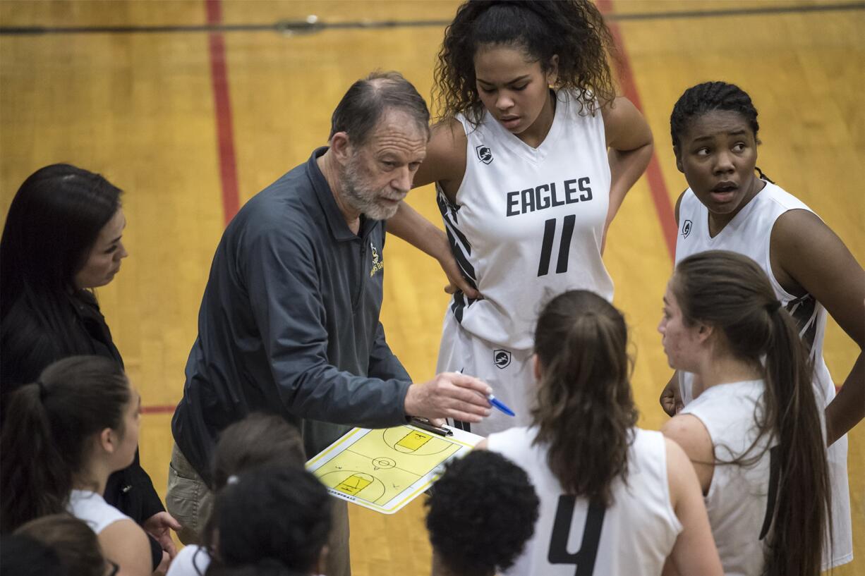 Hudson's Bay Head Coach Michael Rainville speaks to his team during a match against Capital at Hudson's Bay High School on Thursday night, Feb. 7, 2019.