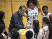 Hudson's Bay Head Coach Michael Rainville speaks to his team during a match against Capital at Hudson's Bay High School on Thursday night, Feb. 7, 2019.