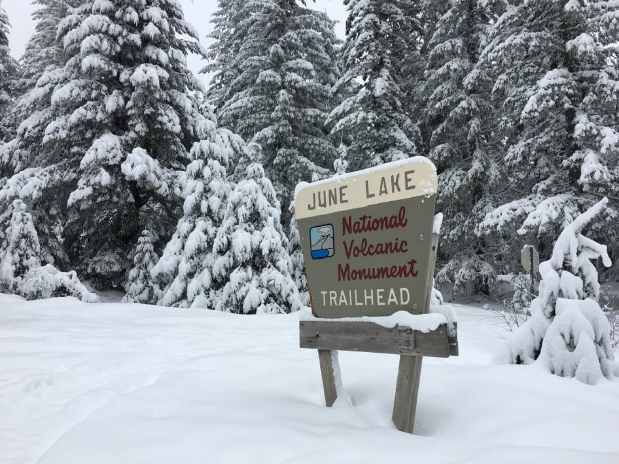 Snow piles up at the trailhead of June Lake Trail on the south side of Mount St. Helens in the Gifford Pinchot National Forest. It is a popular snowshoe route.