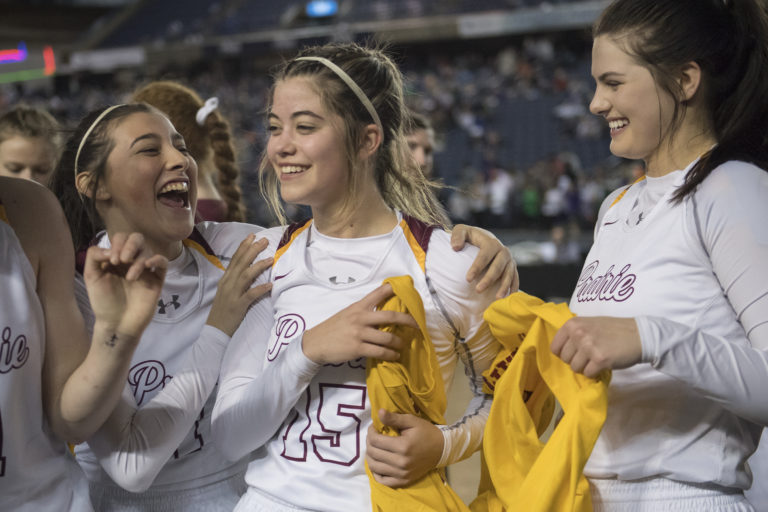 Prairie reacts to their win over Edmonds-Woodway during the 3A Hardwood Classic at the Tacoma Dome on Thursday, Feb. 28, 2019.