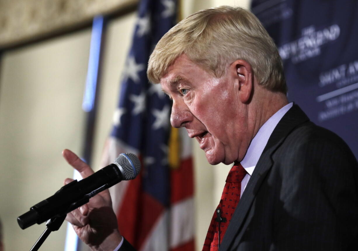 Former Massachusetts Gov. William Weld gestures during a New England Council ‘Politics & Eggs’ breakfast in Bedford, N.H., Friday, Feb. 15, 2019. Weld announced he’s creating a presidential exploratory committee for a run in the 2020 election.