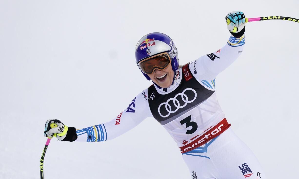 United States' Lindsey Vonn smiles in the finish area after the women's downhill race, at the alpine ski World Championships in Are, Sweden, Sunday, Feb. 10, 2019.