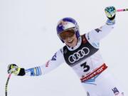 United States' Lindsey Vonn smiles in the finish area after the women's downhill race, at the alpine ski World Championships in Are, Sweden, Sunday, Feb. 10, 2019.