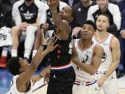 Team LeBron’s Kevin Durant, of the Golden State Warriors works against Team Giannis during the second half of an NBA All-Star basketball game, Sunday, Feb. 17, 2019, in Charlotte, N.C.