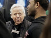 New England Patriots Owner Robert Kraft speaks to fans during the first half of an NBA All-Star basketball game, Sunday, Feb. 17, 2019, in Charlotte, N.C.