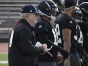 Bill Polian, Alliance of American Football head of football and co-founder, left, watches as players with the Birmingham Iron practice in San Antonio. Nearly four decades removed from a stint in the short-lived USFL, Pro Football Hall of Famer Bill Polian will preside over the opening weekend of the newest spring league, the Alliance of American Football. Polian, 76, is a co-founder of the AAF.