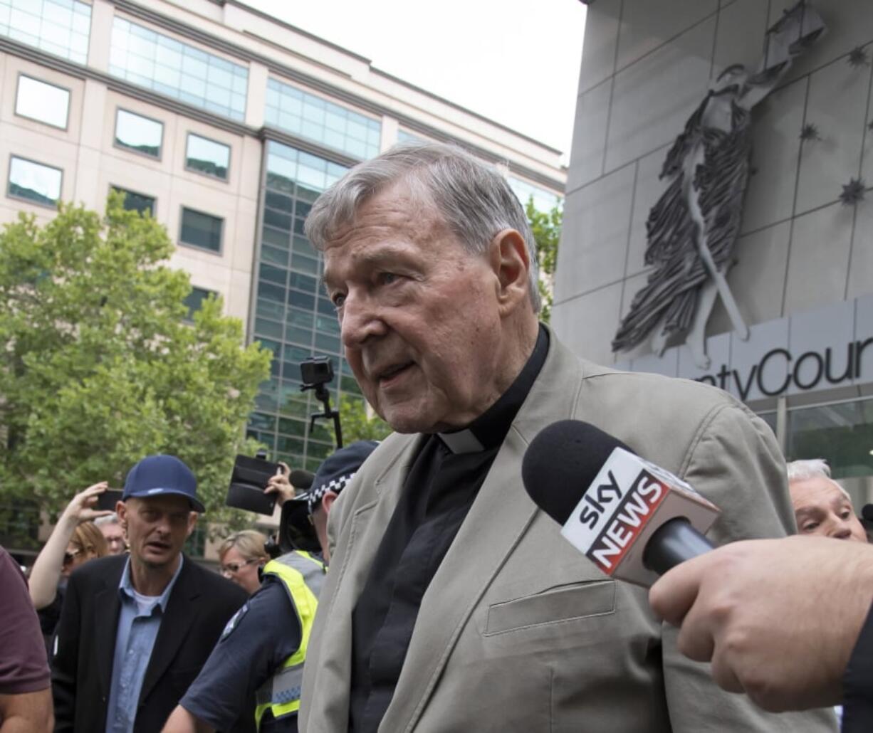 Cardinal George Pell leaves the County Court in Melbourne, Australia, Tuesday, Feb. 26, 2019. The most senior Catholic cleric ever charged with child sex abuse has been convicted of molesting two choirboys moments after celebrating Mass, dealing a new blow to the Catholic hierarchy’s credibility after a year of global revelations of abuse and cover-up.