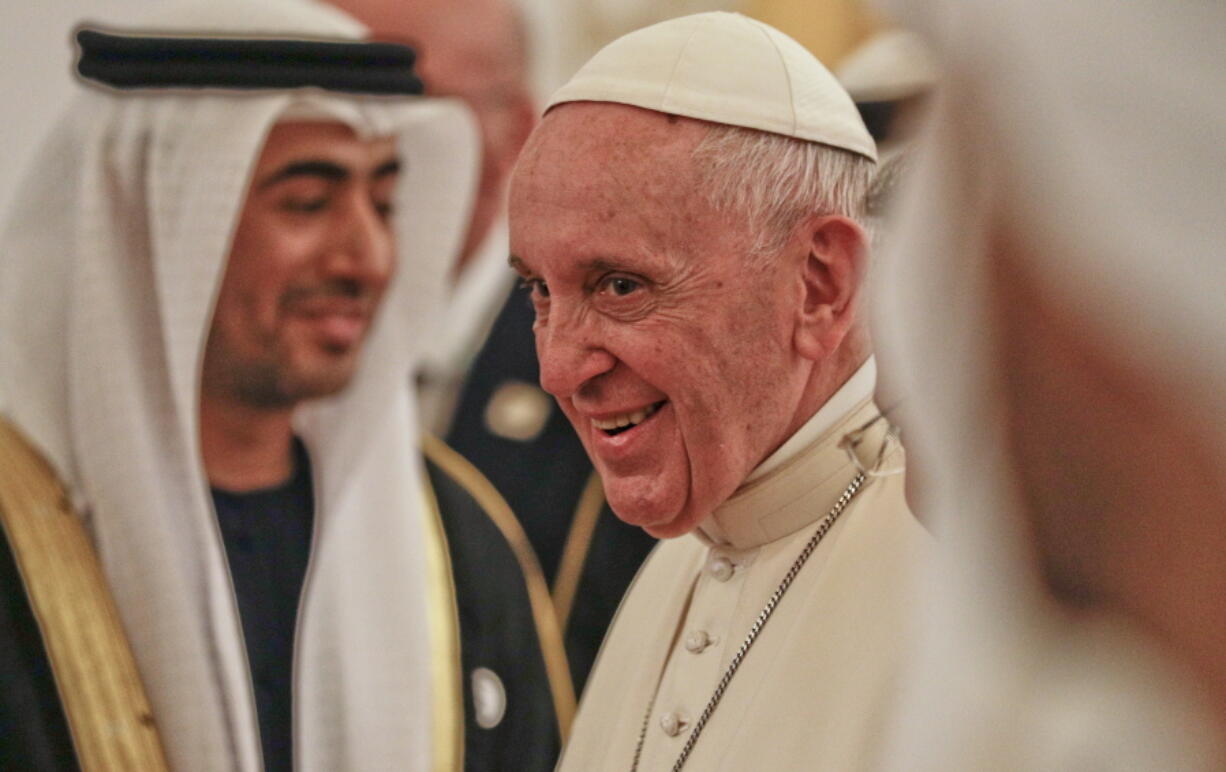 Pope Francis smiles upon his arrival at the Abu Dhabi airport, United Arab Emirates, Sunday, Feb. 3, 2019. Francis travelled to Abu Dhabi to participate in a conference on interreligious dialogue sponsored the Emirates-based Muslim Council of Elders, an initiative that seeks to counter religious fanaticism by promoting a moderate brand of Islam.