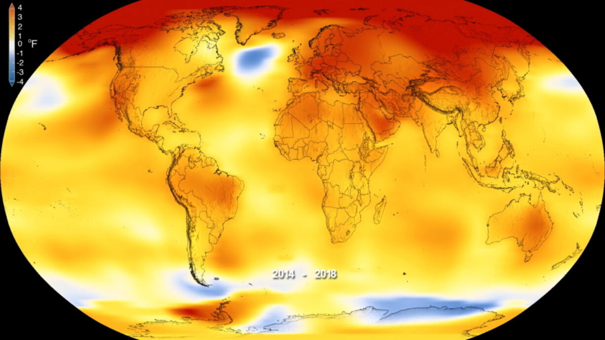 This map shows global surface temperature anomalies for 2014-2018. Higher than normal temperatures are shown in red and lower than normal temperatures are shown in blue.