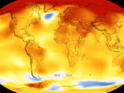 This map shows global surface temperature anomalies for 2014-2018. Higher than normal temperatures are shown in red and lower than normal temperatures are shown in blue.