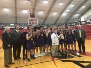 Columbia River celebrates its 75-40 2A district title win over Black Hills on Friday.