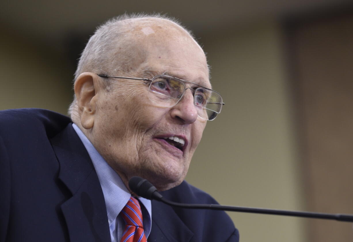 In this July 29, 2015 photo, former Rep. John Dingell, D-Mich., speaks at an event marking the 50th Anniversary of Medicare and Medicaid on Capitol Hill in Washington. A person familiar with the situation says Dingell, the longest serving member of Congress in American history, is receiving hospice care. His wife, U.S. Rep. Debbie Dingell, tweeted Wednesday morning, Feb. 6, 2019, that she was with him at their Michigan home.