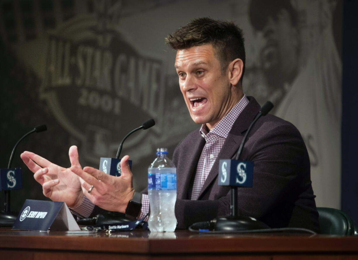 Seattle Mariners General Manager Jerry Dipoto answers questions during a press conference in Seattle. Major League Baseball’s independent investigation found no credible evidence to support claims of disparaging comments and discriminatory treatment by members of the Seattle Mariners front office. MLB said in a statement Wednesday, Feb. 6, 2019, that the investigation found the Mariners did not violate baseball’s “workplace code of conduct, or applicable anti-discrimination law,” in the treatment of Lorena Martin or in her termination by the club.