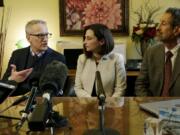 Department of Health Secretary John Wiesman, left, talks speaks during a press event in Olympia with Dr. Robyn Rogers, center, and Dr. Gary Goldbaum. Rogers, who represents the American Academy of Pediatrics, and Goldbaum of the Washington State Medical Association, spoke in favor of a bill that would remove the state’s personal exemption for vaccination requirements.