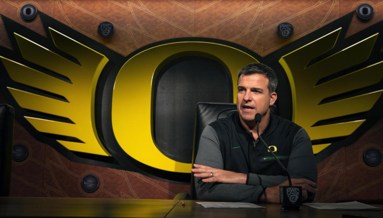 Oregon NCAA college football head coach Mario Cristobal talks to the media on signing day in Eugene, Ore. Wednesday, Feb 6, 2019.