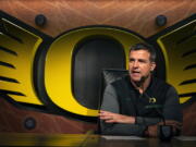 Oregon NCAA college football head coach Mario Cristobal talks to the media on signing day in Eugene, Ore. Wednesday, Feb 6, 2019.