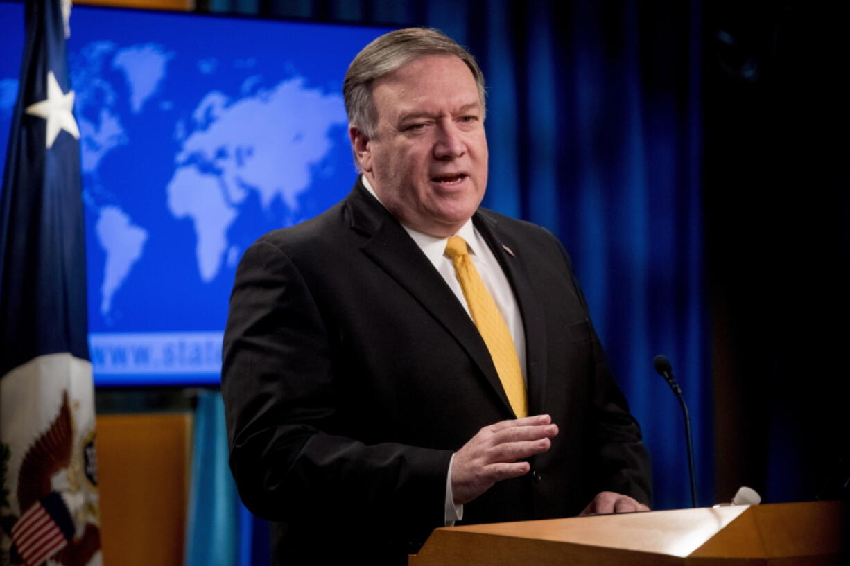 In this Feb. 1, 2019 photo, Secretary of State Mike Pompeo speaks at a news conference at the State Department in Washington.