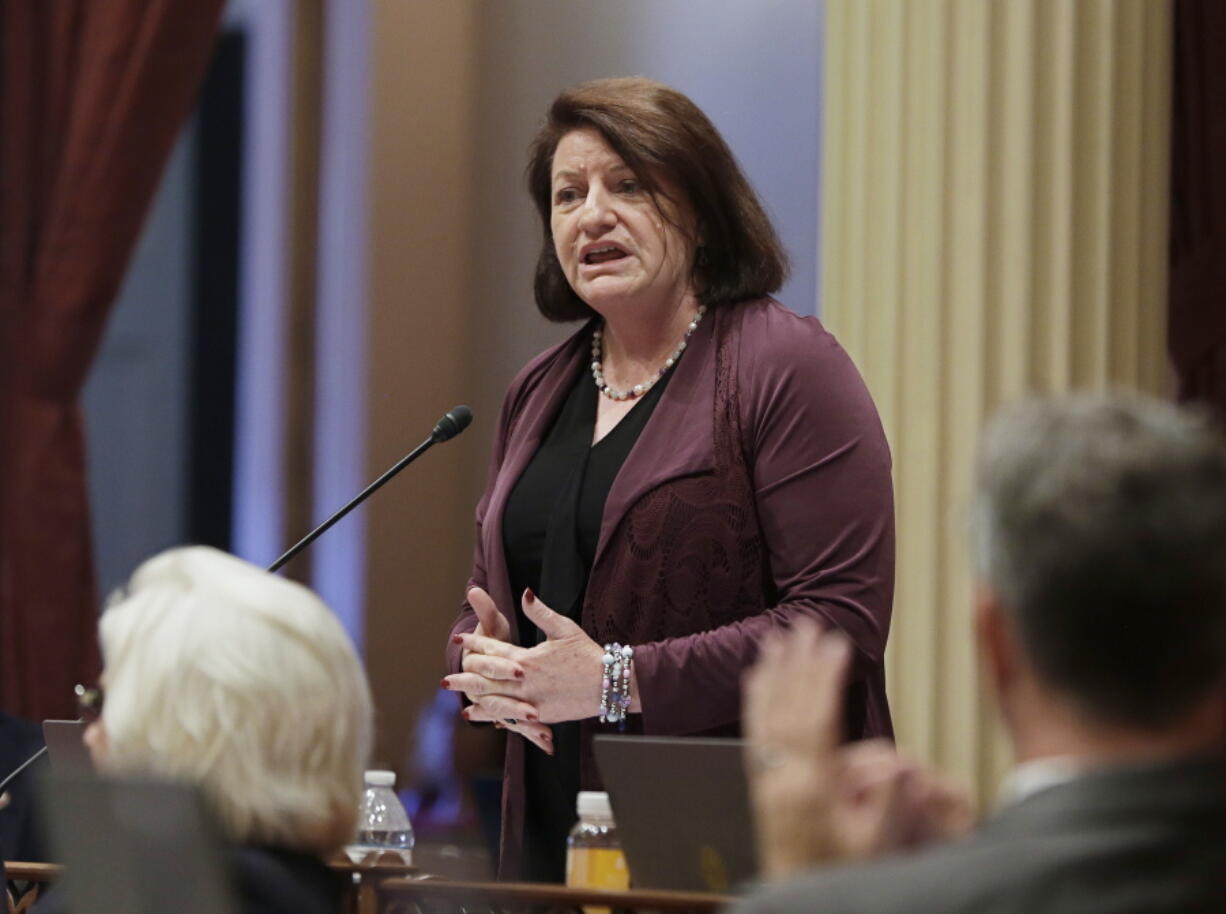 Senate President Pro Tem Toni Atkins, of San Diego, addresses June 14, 2018, members of the Senate in Sacramento, Calif. On Friday, the California Legislature is opening an independent office to handle investigations of alleged workplace misconduct, including sexual harassment or discrimination.