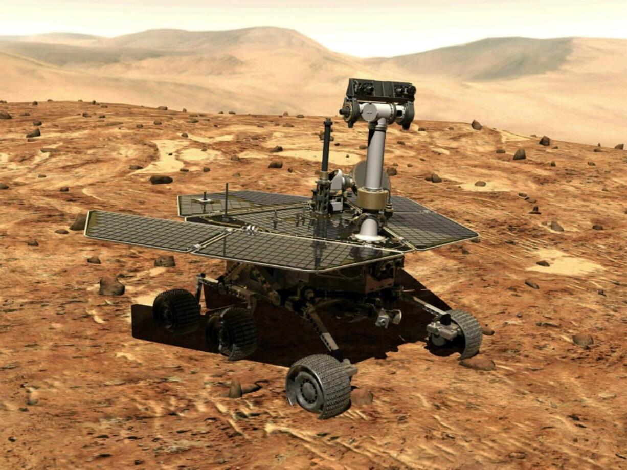 This illustration shows the rover Opportunity on the surface of Mars. The exploratory vehicle landed on Jan. 24, 2004, and fell silent during a dust storm in June.