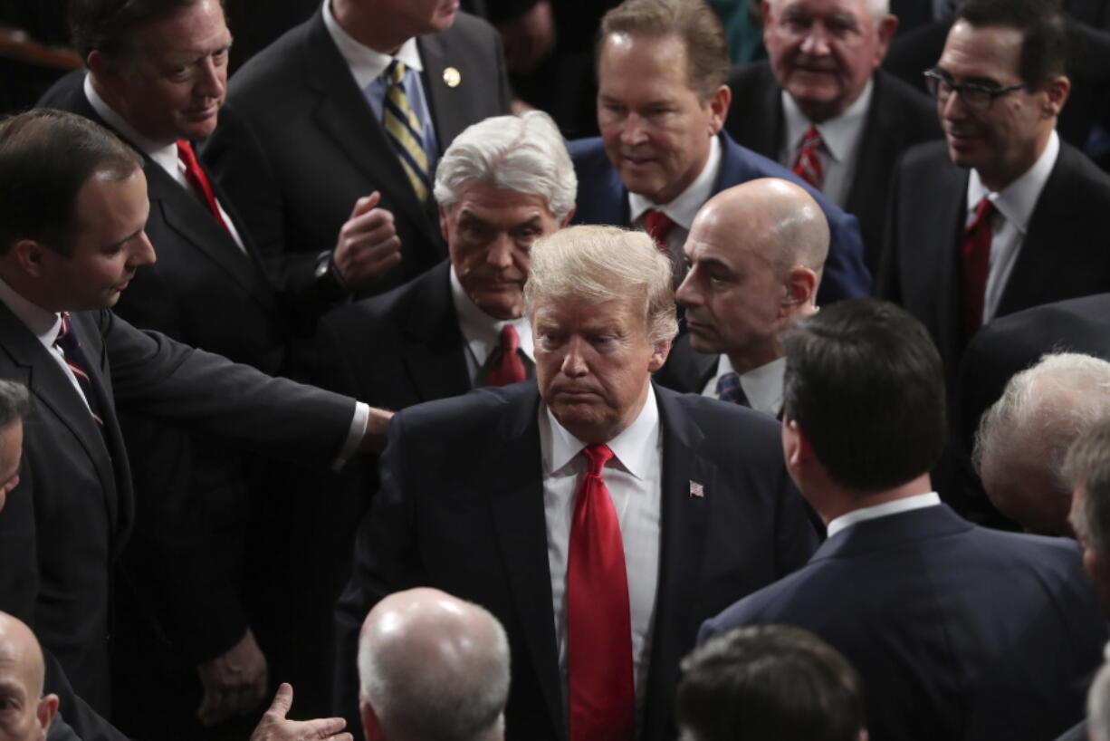 President Donald Trump departs after the State of the Union address to a joint session of Congress on Capitol Hill in Washington, Tuesday, Feb. 5, 2019.