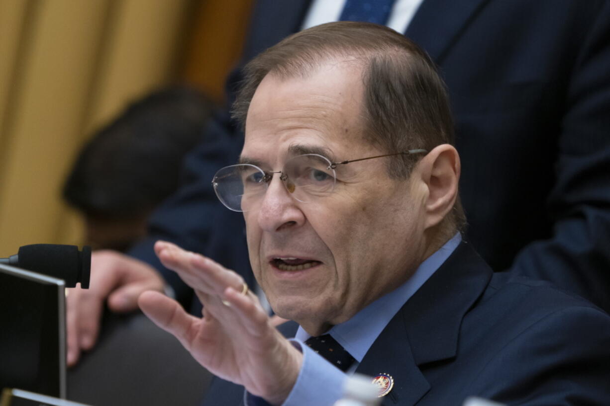 Judiciary Committee Chairman Jerrold Nadler, D-N.Y., calms interruptions during questioning of Acting Attorney General Matthew Whitaker on Capitol Hill, Friday, Feb. 8, 2019 in Washington. (AP Photo/J.