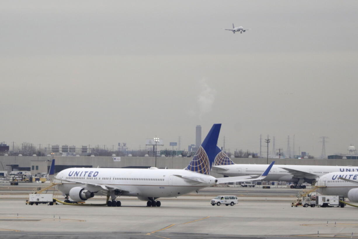 FILE - In this Wednesday, Jan. 23, 2019 file photo, United Airlines jets are seen as a plane approaches Newark Liberty International Airport, in Newark, N.J. United Airlines will woo high-fare passengers by retrofitting more than 100 planes to add more premium seats on key routes. United announced the moves Wednesday, Feb. 6, 2019.