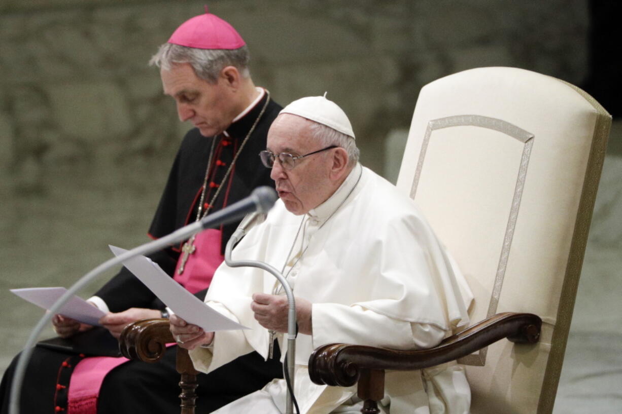 Pope Francis delivers his message in the Paul VI hall on the occasion of his weekly general audience at the Vatican, Wednesday, Feb. 6, 2019.