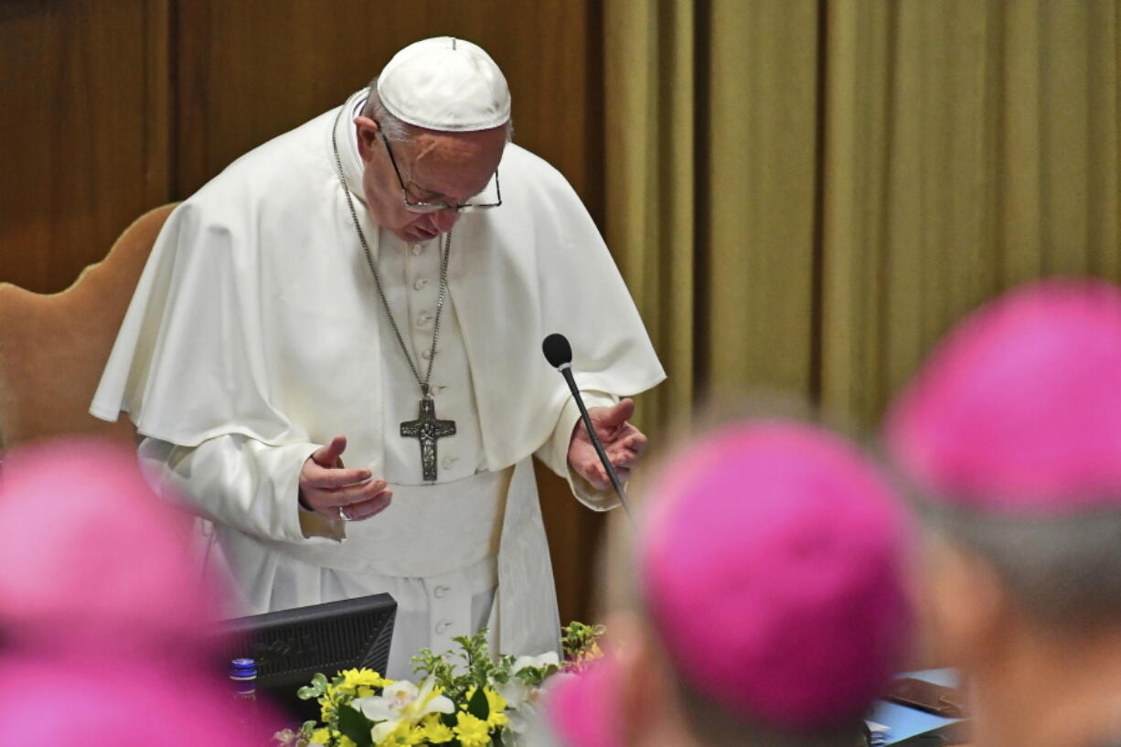 Pope Francis prays at the opening of a sex abuse prevention summit, at the Vatican, Thursday, Feb. 21, 2019. The gathering of church leaders from around the globe is taking place amid intense scrutiny of the Catholic Church’s record after new allegations of abuse and cover-up last year sparked a credibility crisis for the hierarchy.