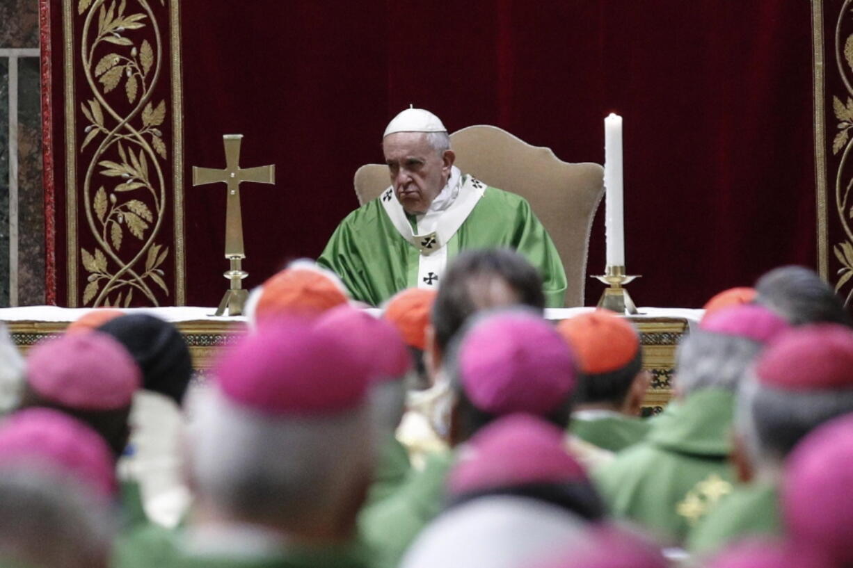 Pope Francis celebrates Mass at the Vatican, Sunday, Feb. 24, 2019. Pope Francis celebrated a final Mass to conclude his extraordinary summit of Catholic leaders summoned to Rome for a tutorial on preventing clergy sexual abuse and protecting children from predator priests. The Mass was celebrated Sunday in the Sala Regia, one of the grand, frescoed reception rooms of the Apostolic Palace.