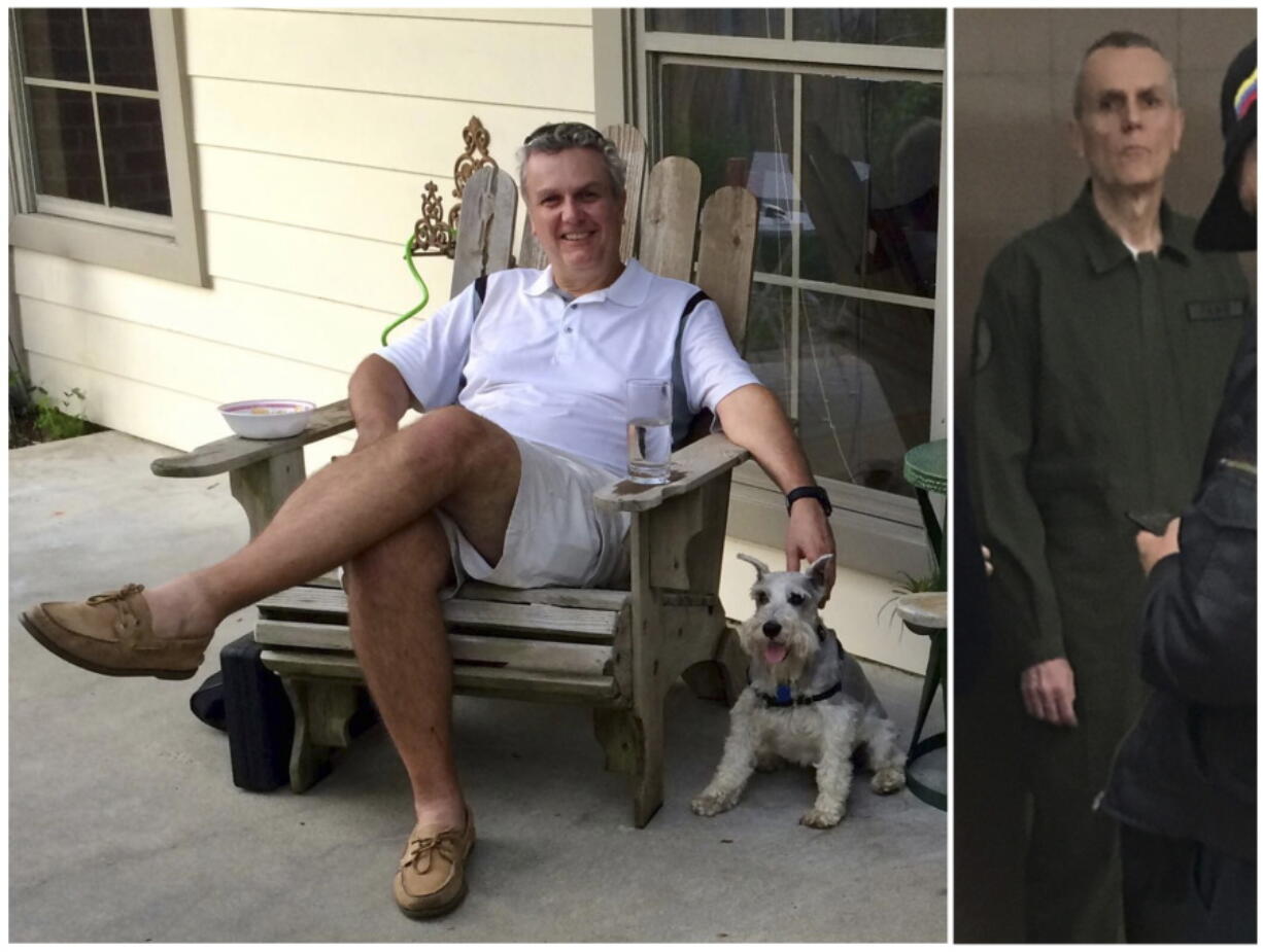 This photo combo shows Citgo executive Tomeu Vadell at his home in Lake Charles, Louisiana in July 2015, left, and three and a half years later while in confinement in a Venezuelan jail in January 2019. Vadell’s family says he’s lost more than 60 pounds due to malnutrition since he and five other Citgo employees were arrested, for alleged embezzlement and treason, during a meeting at Venezuela’s state oil company PDVSA the weekend before Thanksgiving in 2017. The photo at left was provided by Tomeu’s daughter Cristina, and the photo at right was obtained by The Associated Press.