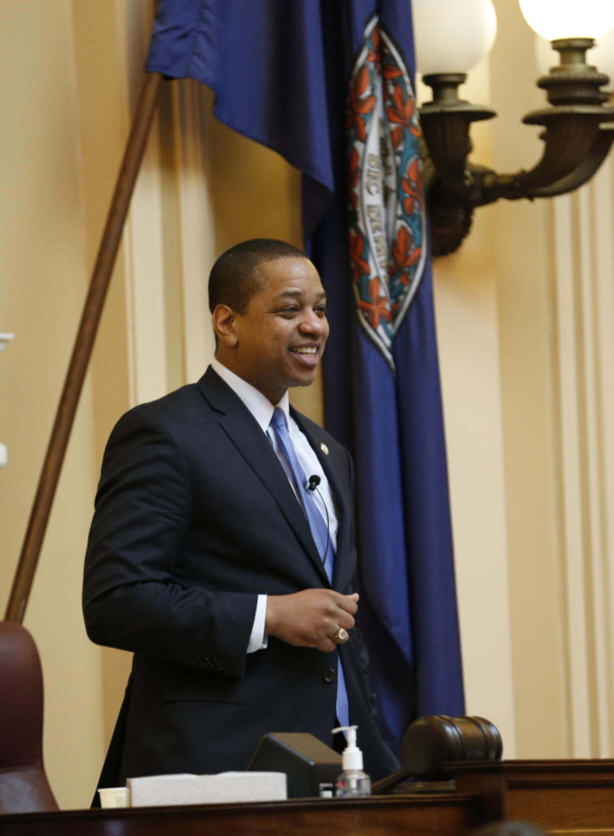 Virginia Lt. Gov. Justin Fairfax presides over the end of the 2019 Senate session at the Capitol in Richmond, Va., Sunday, Feb. 24, 2019.