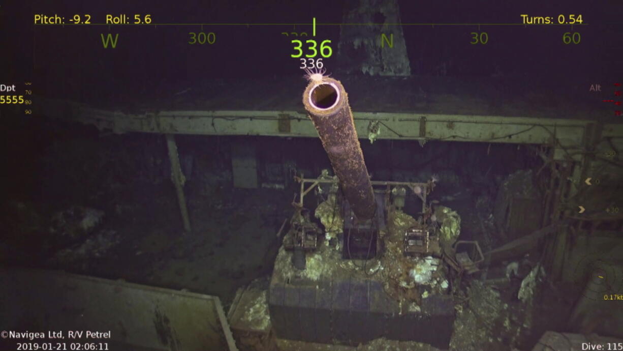 A five-inch gun at the wreckage of the USS Hornet. Vulcan Inc. announced this week that an autonomous submarine found the aircraft carrier nearly 17,500 feet deep near the Solomon Islands. Paul G. Allen’s Vulcan Inc.