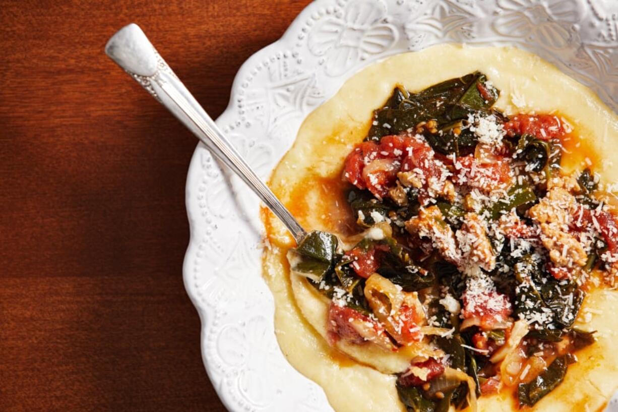 Braised Collard Greens With Chicken Sausage Over Polenta.