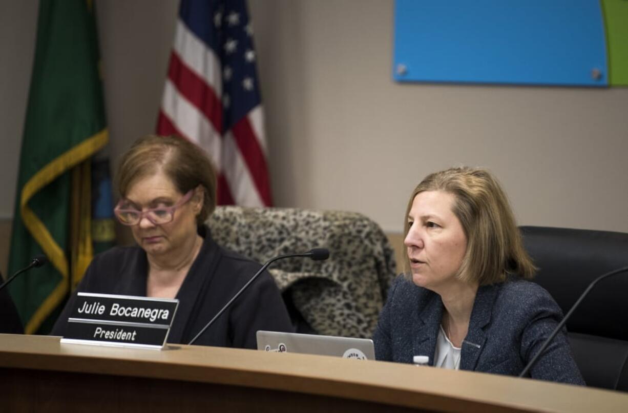 Evergreen School District Board Vice-President Victoria Bradford and President Julie Bocanegra meet with their fellow board members at the Evergreen School District offices in Vancouver in early March.