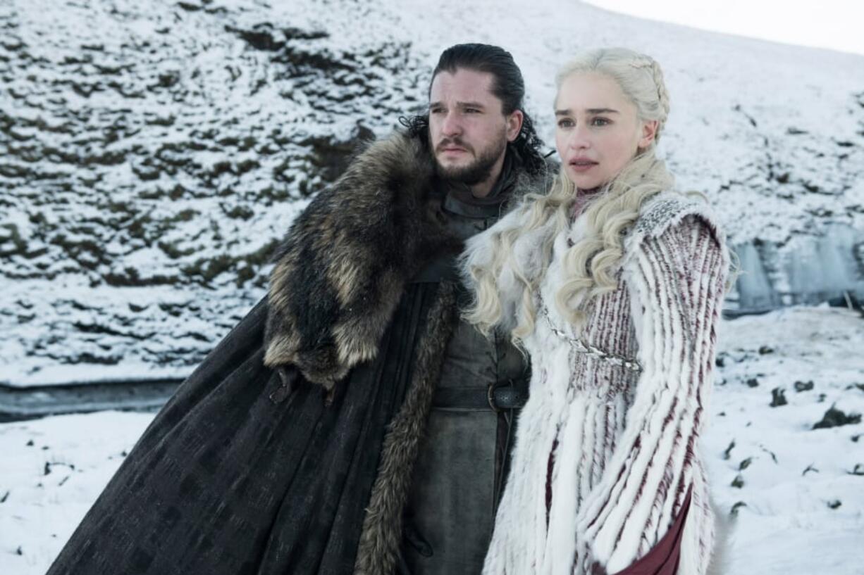 Kit Harington and Emilia Clarke in “Game of Thrones.” Helen Sloane/HBO