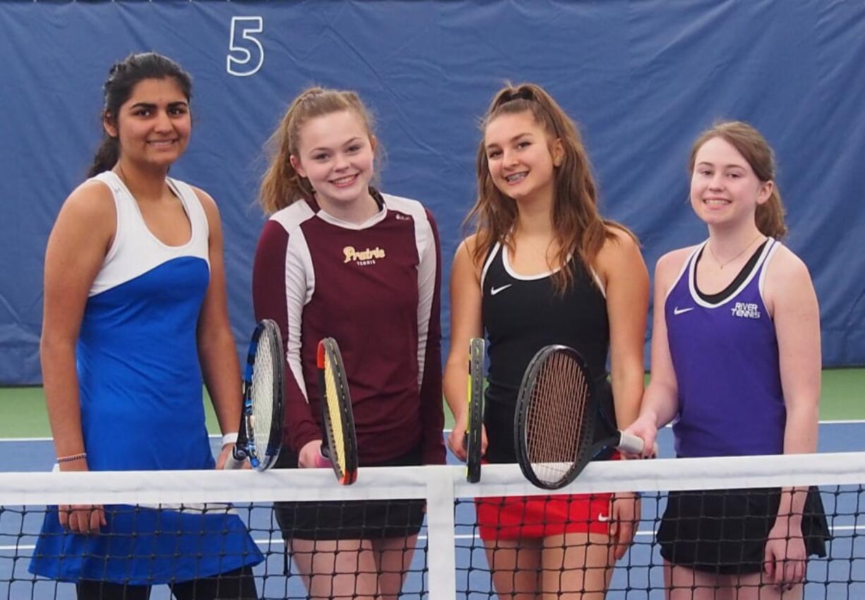 Mountain View’s Shreya Bhatra, Prairie’s Emma Tuttle, Camas’ Natalie Dunnam, and Columbia River’s Piper Rylander are all friends, sophomores and singles players for their respective varsity tennis teams entering the 2019 season.