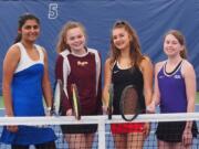 Mountain View’s Shreya Bhatra, Prairie’s Emma Tuttle, Camas’ Natalie Dunnam, and Columbia River’s Piper Rylander are all friends, sophomores and singles players for their respective varsity tennis teams entering the 2019 season.