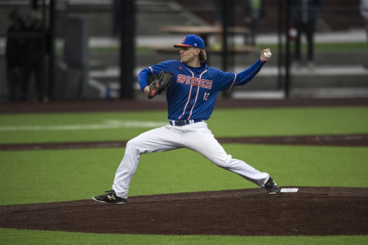 Ridgefield’s Spencer Andersen pitches against Kalama at the new Ridgefield Outdoor Recreation Complex.