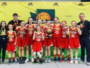 The Washington Middle School Basketball Championship Girls 6th School Gold Champion from Camas include (from left) Kahlia Richman, Raquel Dunnam, Coach Scott Thompson, Kendall Mairs, Stephanie Edwards, Aubrey Hall (in front), Bella Brustad, Sophie Buzzard, Laney Webb, Keirra Thompson, Bridget Quinn, Coach Tad Mairs.