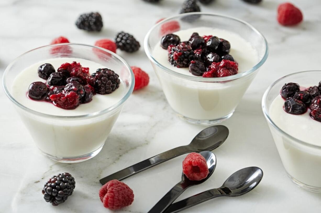 Yogurt Panna Cotta With Berry Sauce.