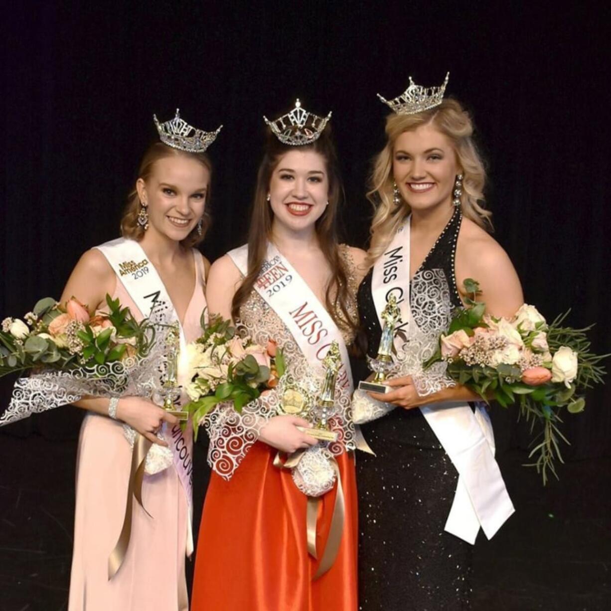 Winners of the 2019 Miss Clark County pageant: Miss Greater Vancouver Anna Countryman, from left, Miss Clark County’s Outstanding Teen AnneMarie Vickery and Miss Clark County Abbie Kondel.