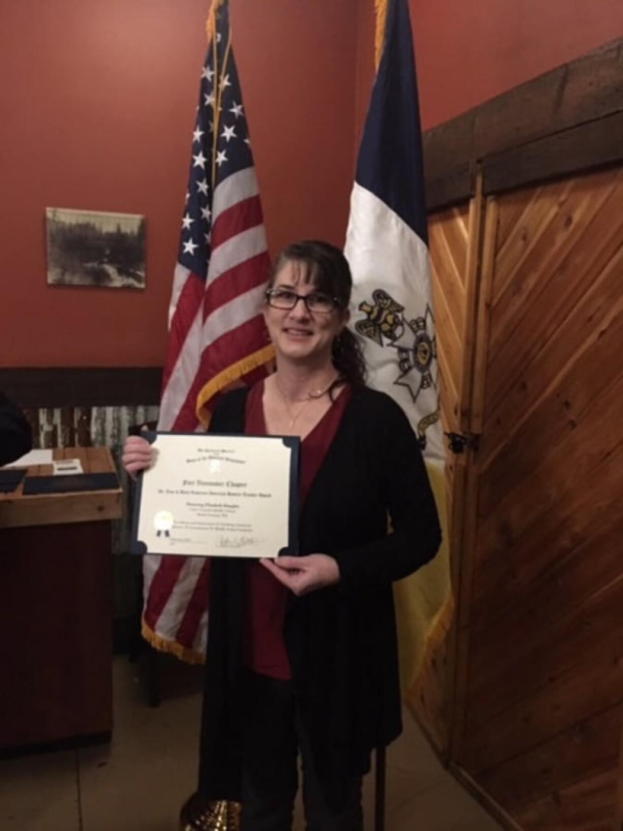 Battle Ground: Chief Umtuch Middle School history teacher Beth Doughty was presented with the History Teacher of the Year award courtesy of the Fort Vancouver chapter of Sons of the American Revolution.